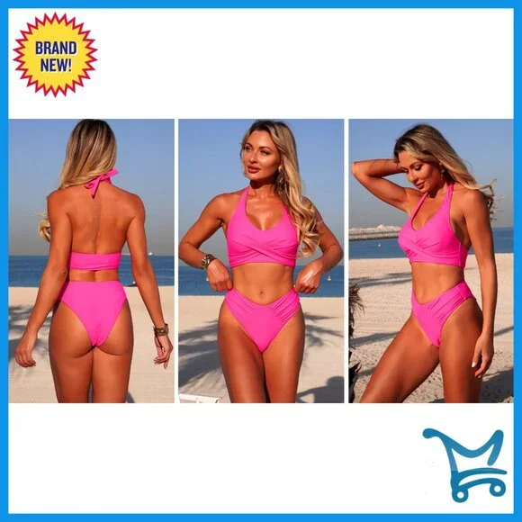 High Waisted Halter Bikini Set Twist Front Two Piece Swimsuit Summer Beach